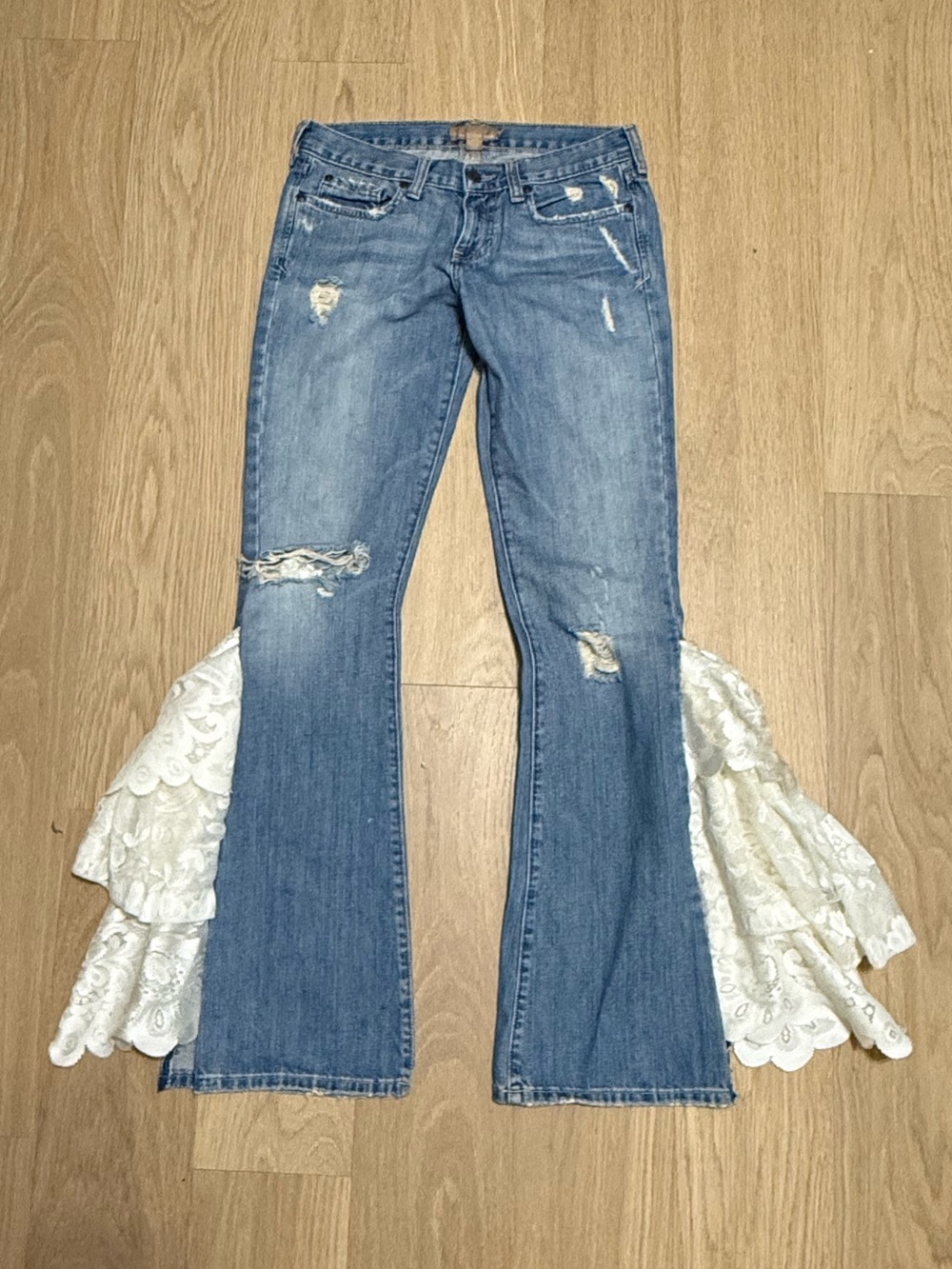 CUSTOM Abercrombie & Fitch Blue Distressed Lace-Trim Flare Jeans